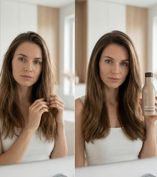 Mujer con cabello largo sosteniendo una botella de acondicionador en un baño. antes y después de usarlo