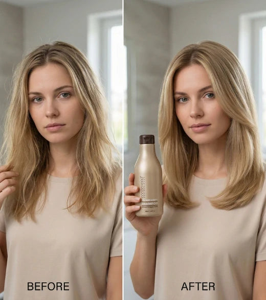 Comparación del antes y el después de una mujer de cabello rubio que sostiene una botella con la etiqueta "DESPUÉS".