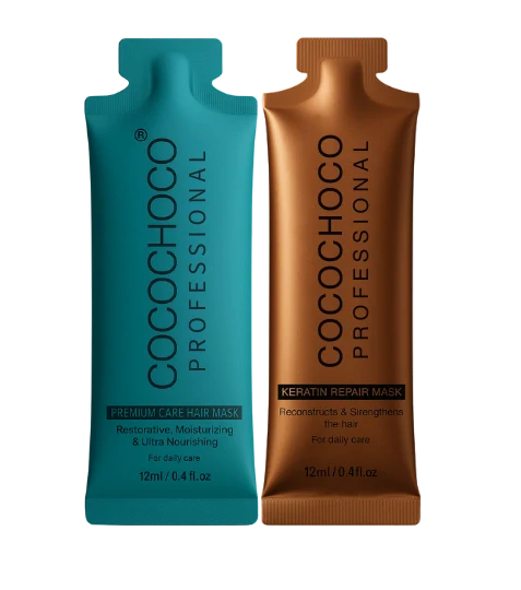 Two Cocochoco Professional hair mask packets, one blue and one brown, on a white background.