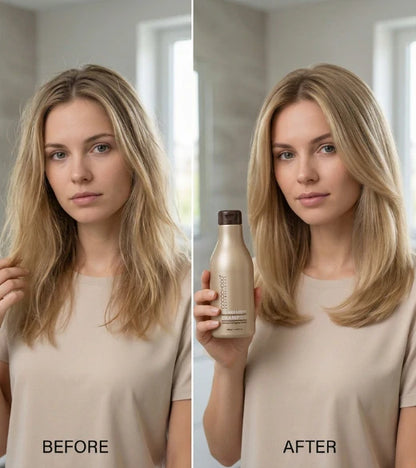 Comparación del antes y el después de una mujer de cabello rubio que sostiene una botella con la etiqueta "DESPUÉS".