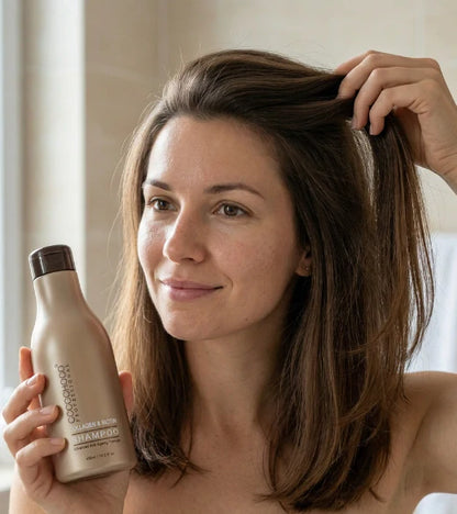 Mujer con cabello largo y castaño sosteniendo una botella de champú cocochoco, sonriendo.