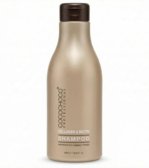 Botella de champú Cocochoco con tapa marrón sobre fondo blanco.