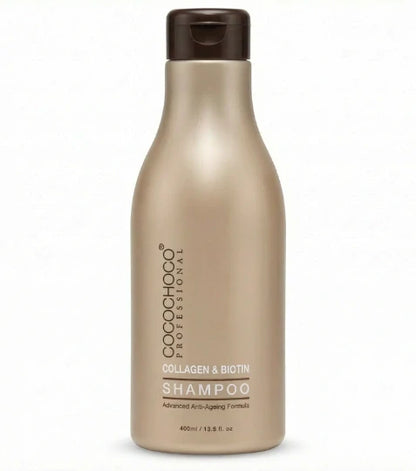 Botella de champú Cocochoco con tapa marrón sobre fondo blanco.