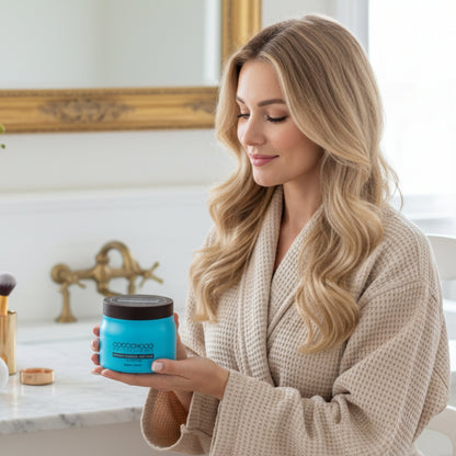 Woman in a robe holding a cashmere hair mask cocochoco